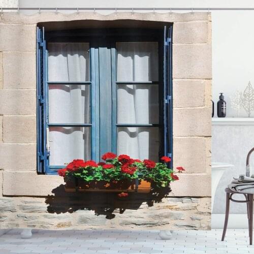 Mediterranean Style Window with Open Window Shutters Image French Urban Life Theme, Cloth Fabric Bathroom Decor Set with Hooks