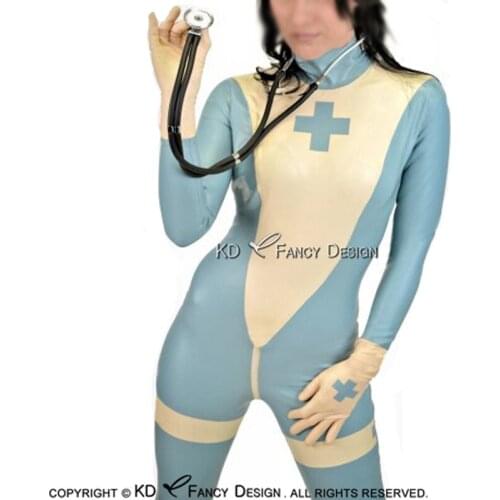 Lake Blue With White Cross Sexy Latex Catsuit Back To Crotch Zip Rubber Bodysuit Zentai Overall LTY-0066
