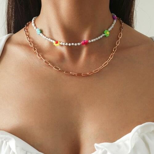 Vintage Colorful Beads Daisy Flower Thick Chain Choker Necklace Women Double Layers Geometric Clavicle Necklace Collar Jewelry