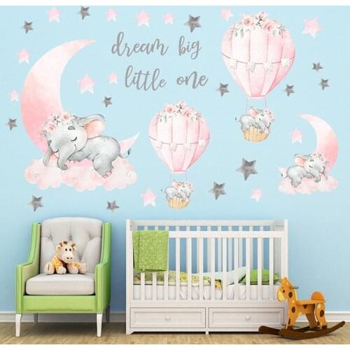Pink Sleeping Elephant Wall Stickers for Children Kids Rooms Nursery Decor Kindergarten Home Decor Hot Air Balloon on The Wall
