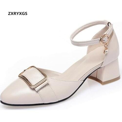 2021 New Fashion Summer Genuine Leather Sandals Pointed Side Air Elegant Sandals Thick Heel Shoes Large Size Women Sandal Shoes