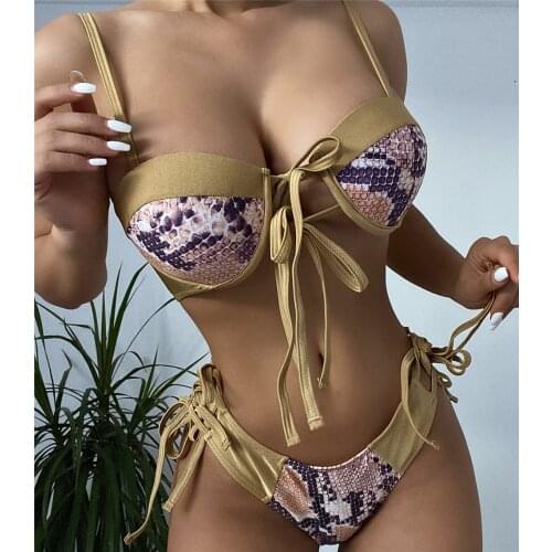 Sexy Snake Print Swimwear Women Push Up Bikinis Set 2021 Mujer Patchwork Swimsuits Front Knotted Biquinis Tie Waist Thong Summer