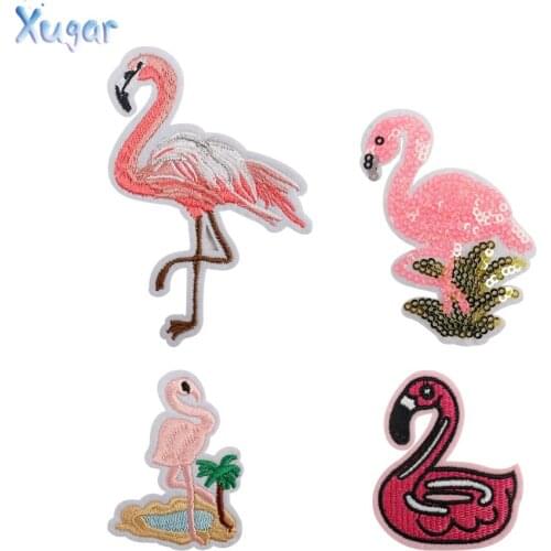 Xugar 5pcs Flamingo Sequin Patch Appliques Embroidery For Clothes Sweater T-shirt Sew-On Iron-On Sticker DIY Clothes Decoration