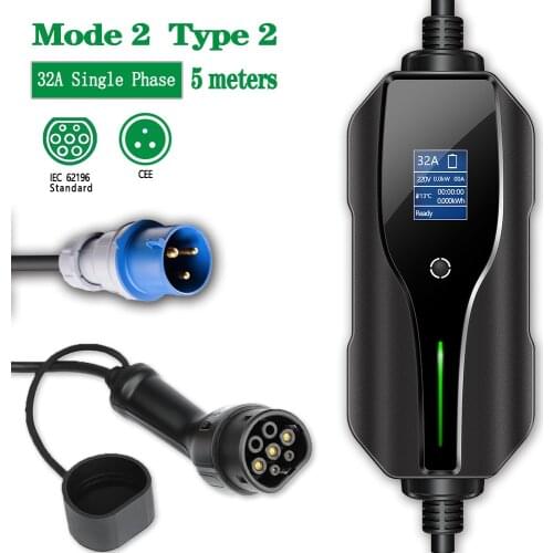 Mode 2 EV Charger Type 2 For Electric Car CEE 5 Meters EV Charging Cable Portable Charger 7.2KW 10A/16A/20A/24A/32A Adjustable