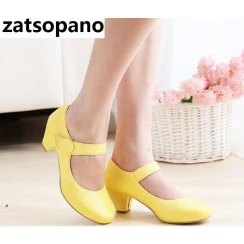 Zatsopano Designer Shoes Women Mary Jane Round Toe 4.5cm Mid Heels Lady Shoes Chunky Heels Wedding Pumps Pink Yellow Women Shoes