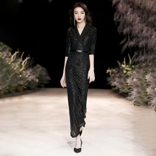 Women Sexy Black Banquet Dresses Exquisite Sequins Mermaid Evening Party Dress Tassel Floor Length Qipao Robe De Soiree