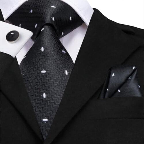 C-3187 Luxury Black Woven Men Tie Silk Necktie New Dots Hanky Cufflinks Set 8.5cm Classic Business Wedding Pocket Square Tie Set