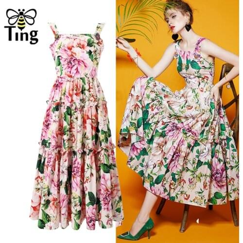 Tingfly Runway Designer Floral Flower Pink Luxury Button Party Dinner Birthday Dresses Sleeveless Strap A Line Summer Dress Robe
