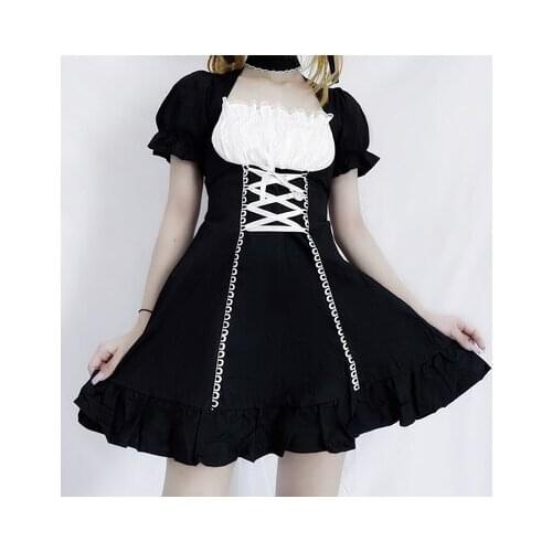 Japanese Harajuku Gothic Women Fashion Black Bandage Bubble Sleeve Dress Female Lolita Temperament Slim Sweet Kawaii Dress