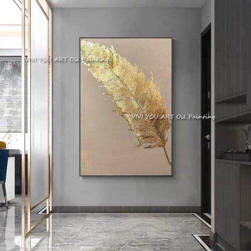 100% Hand Painted Large Size Abstract Gold Foil Feather Oil Painting Canvas Thick Wall Picture Art For Living Room Decoration