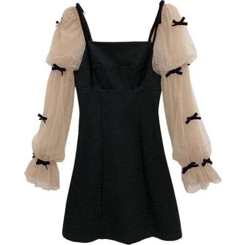 2021autumnElegant Party Night Woman Mini Dress Patchwork Mesh Puff Sleeve Bow Sweet Girls BlackMini Short Dresses Women Clothes