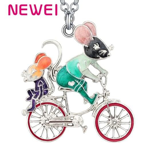 Bonsny Enamel Alloy Floral Cute Bicycle Cycling Rat Necklace Pendant Funny Fashion Animals Jewelry Gifts For Women Girls Charm