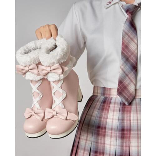 Ochanmeb Lolita Shoes Boots Women Block Heels Straps Bow Cute Girls Princess Tea Party Shoes Students Lovely Fleece Boots 28-43
