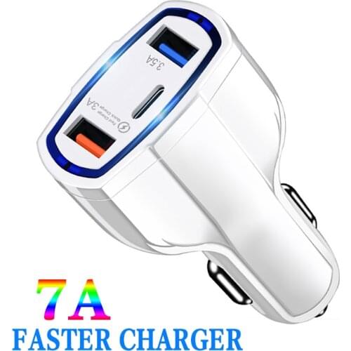 Fast Car Charger 7A 35W Mobile Phone Charger Type-c USB Port For iphone Xiaomi Huawei Samsung QC3.0 Charging Plug LED Light