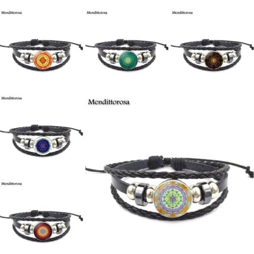 Mendittorosa Buddhist Sri Yantra Cheap Fashion Jewelry Black Leather Bracelet Bangle Glass Cabochon For Women