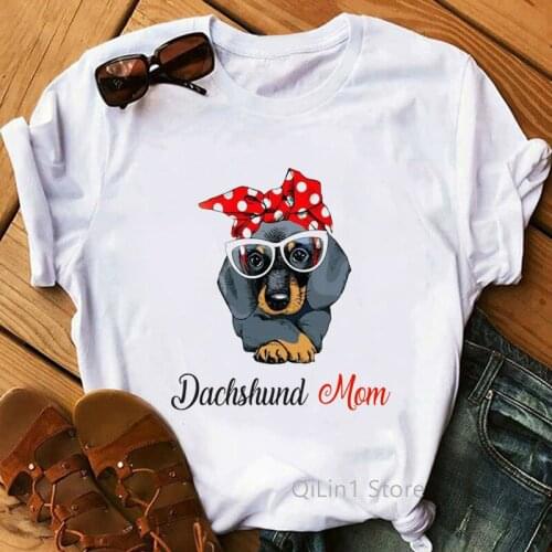Vintage T Shirt Femmes Dachshund Mom Print Graphic Tees Women Dog Lover Tshirt Summer Top Female White Short Sleeve T-Shirts