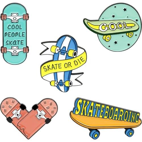 Skate or Die Enamel Pins Fun Sports Skateboard Brooches Backpack Lapel Pin Cartoon Badge Jewelry Gift for Kids Friends Wholesale