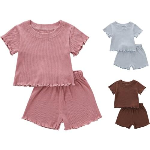 Wallarenear Fast Shipping 0-5Years Toddler Baby Boy Girl 2Pcs Clothing Set Cacual Short Sleeve Solid O-Neck Top Shirt Shorts