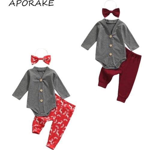 2021 0-24M Baby Boys Clothes Set Solid Color V-neck Button Fly Romper+Deer Print Pants+Bow Tie Fall Casual Kids Gentleman 3pcs