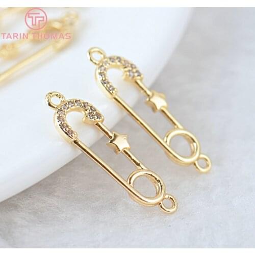4 PCS 7x24MM 24K Gold Color Plated Brass with Zircon Pins Connector Charms Pendants High Quality Diy Jewelry Accessories