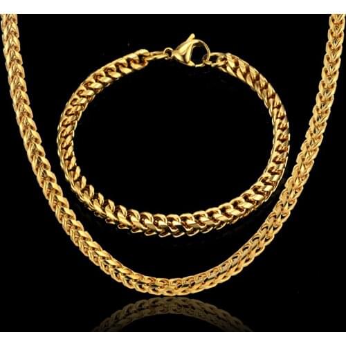 Men Jewelry Sets & More Gold Color Cuban Link Chain Necklace & Bracelet For Men Stainless Steel Chain Cheap Fashion Jewelry Sets