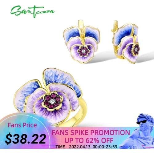 SANTUZZA Silver Jewelry Set For Women Pure 925 Sterling Silver Blooming Flower Earrings Ring Set Fine Jewelry Handmade Enamel