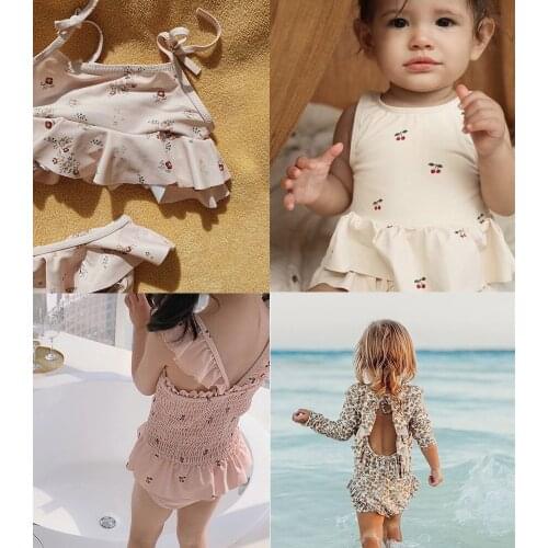 2021 New Summer Children Swimsuit Cherry Floral One-Piece Swimsuit Girl Bikini Suit Beach Hot Spring Swimsuit