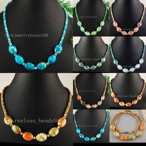 Free Shipping Fashion Jewelry Motley Sea Jaspe Oval Globe Beads Necklace 18" FG5026