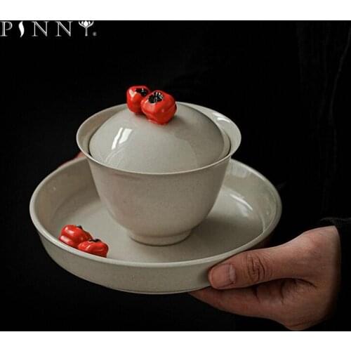 PINNY 130ML Retro Plant Ash Glaze Ceramic Gaiwan Pigmented Hand Made Persimmon Tea Tureen Chinese Kung Fu Tea Service