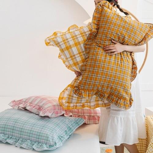 Ins Simple Plaid Lotus Leaf Lace Pillowcase 100% Cotton Soft Comfortable Pillow Cover Bedside Cushion Cover Nordic Home Decor