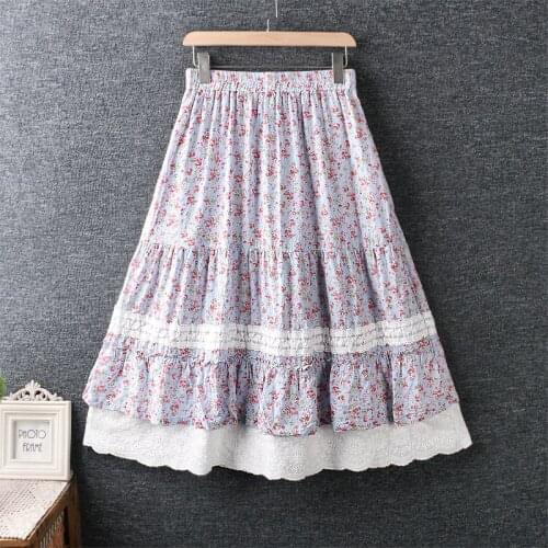 Romantic flowers print lace layers literary Mori girl sweet elastic waist long cake skirt saia