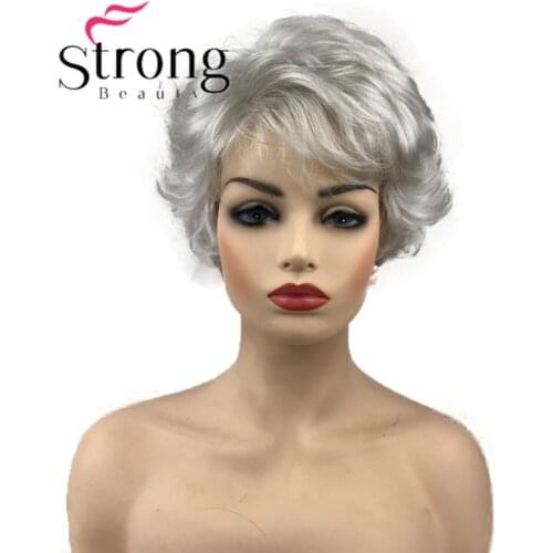 StrongBeauty Short Wavy Silver Grey w/white Full synthetic Wig Wigs