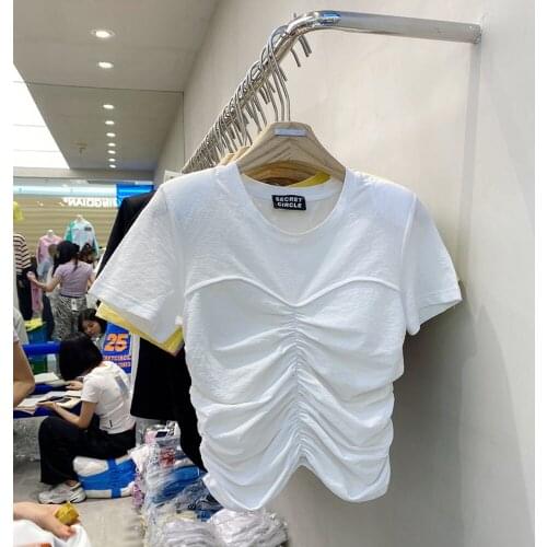 Cropped Tshirt Women 2021 New Short Sleeve Color Contrast Patchwork Fake Two Pieces Pleated Waist Tight Top Sexy T Shirts