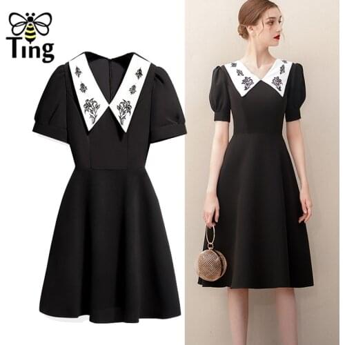 Tingfly Vintage Elegant White Embroidery Peter Pan Collar A Line Dress Retro 90s Black Knee Length Party Dinner Dress Soft Girls