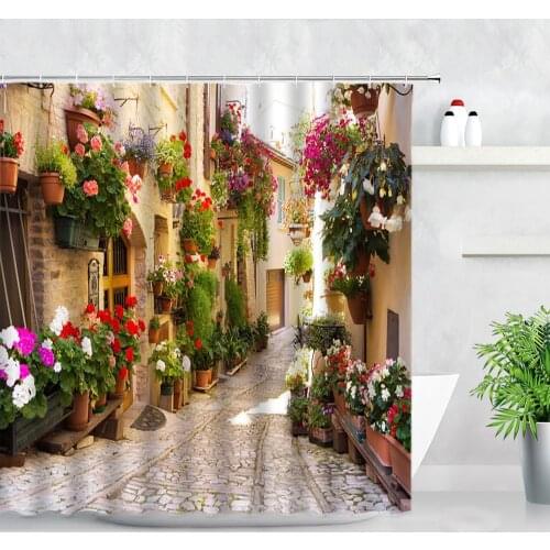 Rural Flowers Street Scenery Shower Curtain Green Plants Retro Door Spring Garden Wall Decor Cloth Bathroom Waterproof Curtains