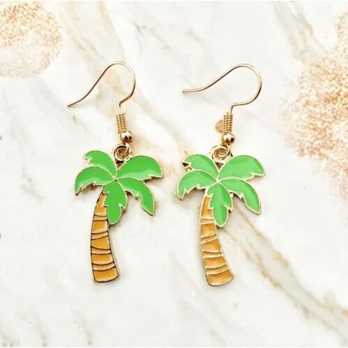 Green Fresh Coconut Tree Earrings Gold Zinc Alloy Summer Beach Charms Dangle Coconut Palm Women Hoop Eardrop Fashion Accessories