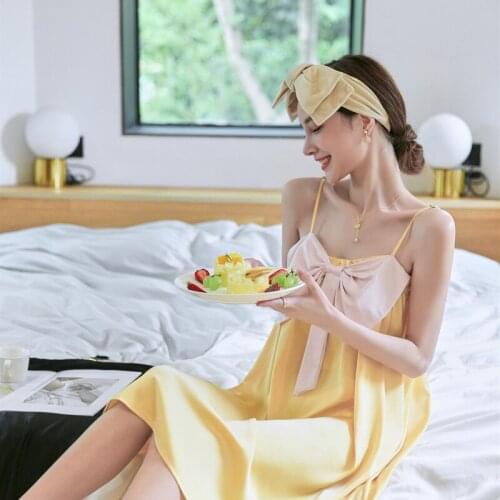 Summer Strap Top Women Bow Nightgown Bride Dressing Gown Sexy Knee-Length Sleepshirts Skirt Satin Nightdress Loose Home Dress