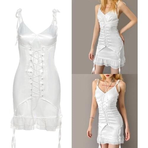 Ladies Solid Color Suspender Skirt, Women Summer Temperament Lace Up High Waist Sleeveless Flounce Strap Dress for Dating