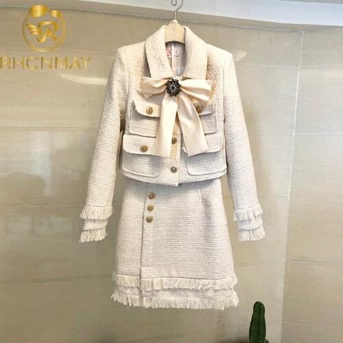 2020 New Autumn Winter Women Two Piece Set Thicked Warm Bow Woolen Coat + Tassels Button Mini A Line Skirt chic Set