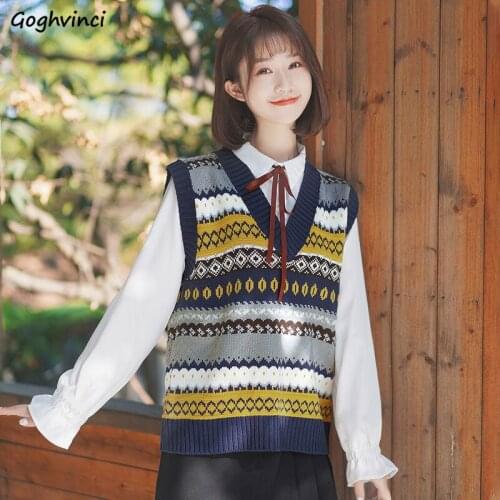 Women Sweater Vest Preppy Vintage Spring Autumn Sleeveless Striped All-match Street Harajuku Warm Soft Casual Students Jumper