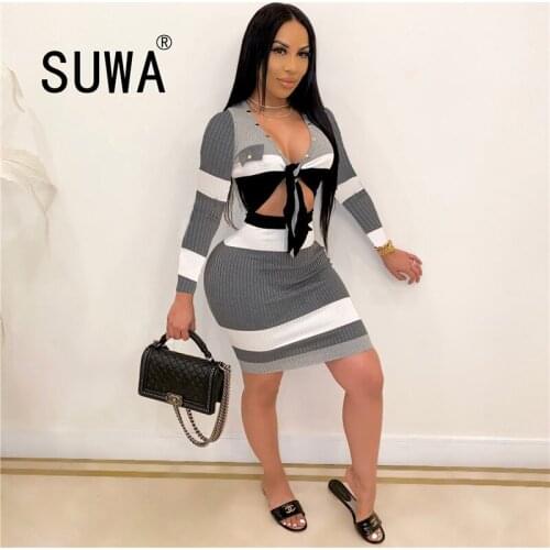 Striped Patchwork Vintage Club Party Dresses for Women Deep V Neck Full Sleeve Sheath Autumn Bow Tie Cut Out Ribbed Vestido