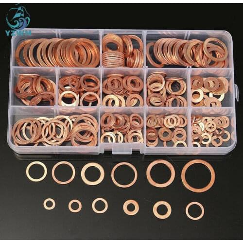 300pcs Red Copper Gasket Sealing Metal Flat Gasket Combination Set Box Oil Plugging O-ring M5-M20 Inner Diameter Gasket