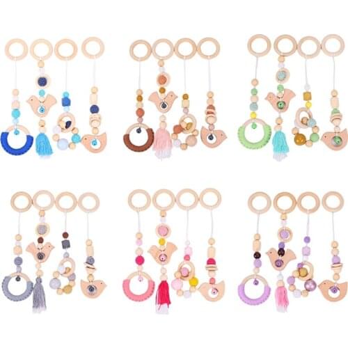 4 Pcs/Set Baby Gym Frame Stroller Hanging Pendants Wooden Ring Teether Molar Toy F3ME