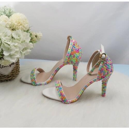 New Color Pearl Open Toe Sandals Bridal Wedding Shoes Ladies Party Dress Shoes Ankle Strap Thin Heels Womens High Heel Peep Toe