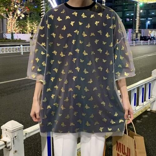 VERSMA Japanese Harajuku Butterfly Mesh Stitch T-shirt Men Women Summer Hip Hop Fake Two Piece Oversized Tshirt Men Dropshipping