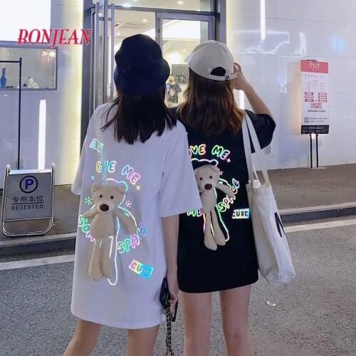 Women Child Harajuku Hip Hop Ins Reflective Back Korean Bear T-shirt 2020 Summer Loose Mid-length Short Sleeve Top