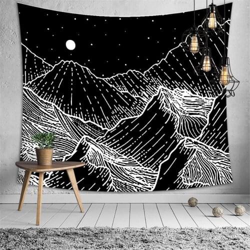 Two Sizes Black and White Mountain Tapestry Moon Stars Night Sky Starry Sky Wall Mounted Bedroom Living Room Art Home Decoration