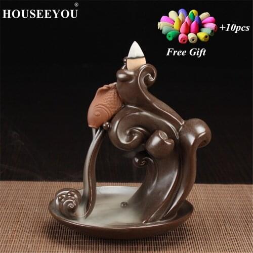 Carp Design Buddha Buddhist Burner Backflow Incense Burner with 10Pcs Cones Waterfall Ceramic Censer Holder Use In Home Office