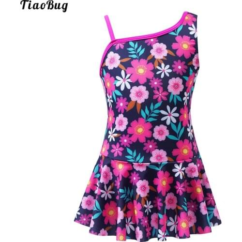 TiaoBug Summer Kids Girls One-Piece Swimming Jumpsuit Dress Asymmetric Shoulder Strap Flower Print Swimwear With Ruffle Hem