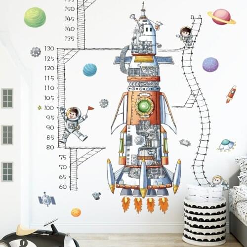 BRUP Cartoon Space Rocket Height Measuring Ruler Wall Stickers for Kids Room Nursery Room Decoration Wallstickers PVC DIY Decals